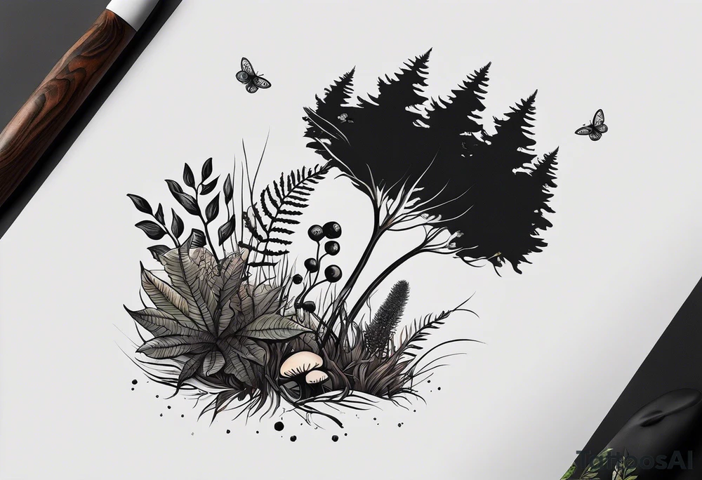 minimalistic forest floor inspired tattoo, which includes grass, moss, curly ferns and dead leaves as the bulk of the tattoo. details to include: forest berries, couple of very small brown mushrooms, a tiny bumblebee flying nearby tattoo idea