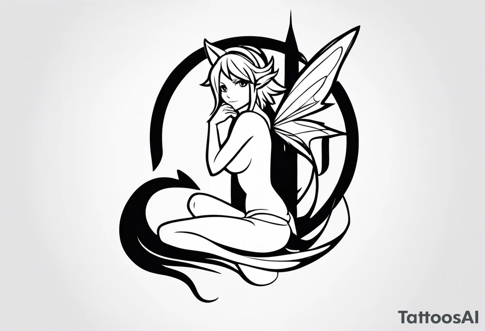 No color fairy with a tail inspired by the logo of the show called Fairy Tail in a fetal position leaning in tattoo idea