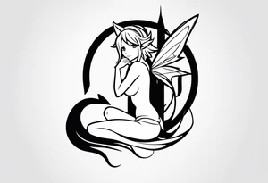 No color fairy with a tail inspired by the logo of the show called Fairy Tail in a fetal position leaning in tattoo idea
