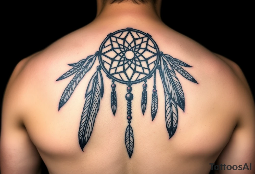 native dreamcatcher with flowing feathers and sacred beads tattoo idea