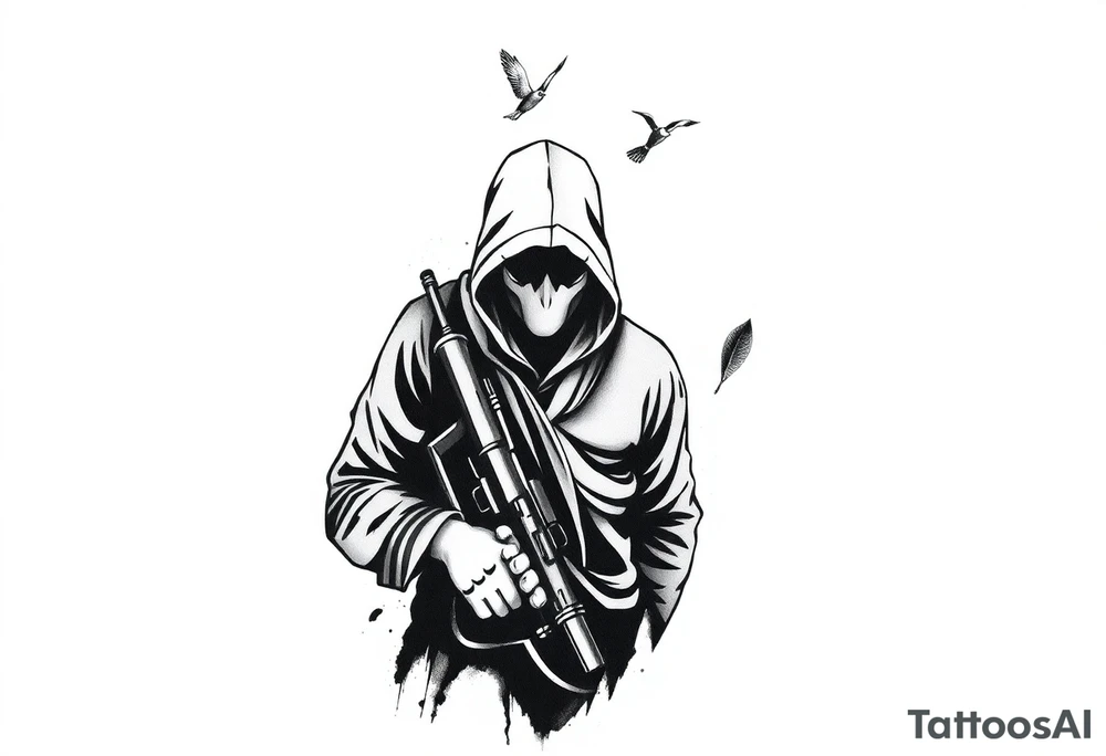 Minimalist covert operative symbolism representing loyalty and survival, faceless soldier silhouette emerging from darkness, torn fabric, subtle scars, controlled posture, black and grey realism, emotional restraint, understated strength, tattoo sleeve element. tattoo idea