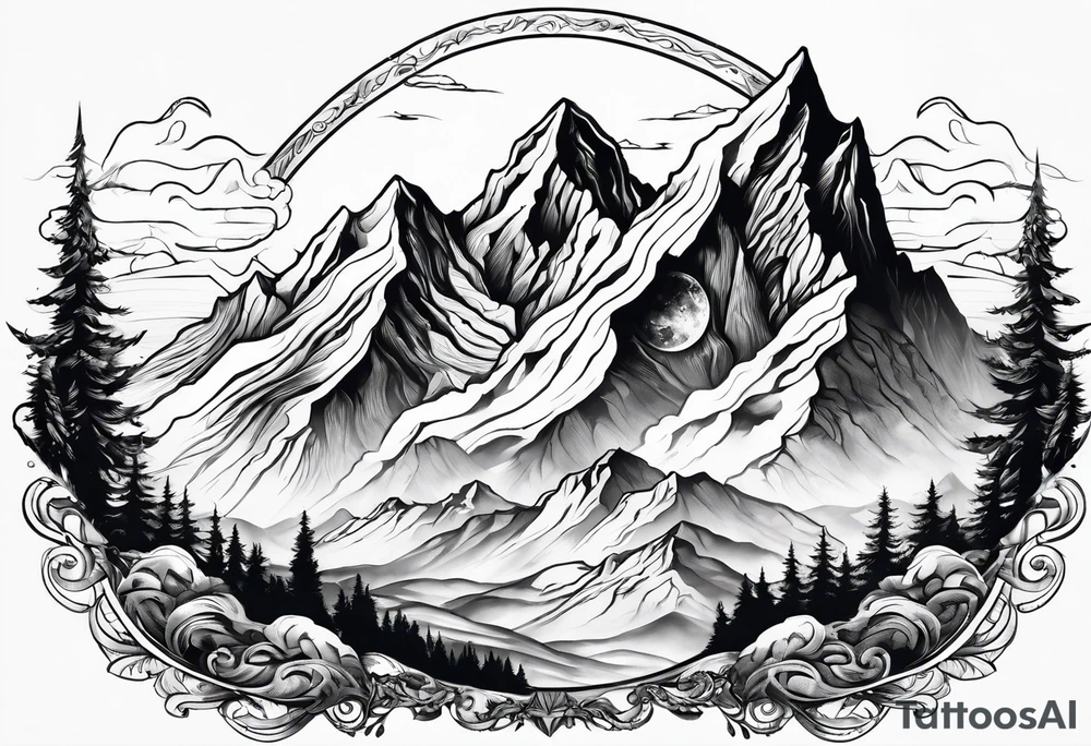 Mountains with space Viking flying above tattoo idea