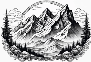 Mountains with space Viking flying above tattoo idea