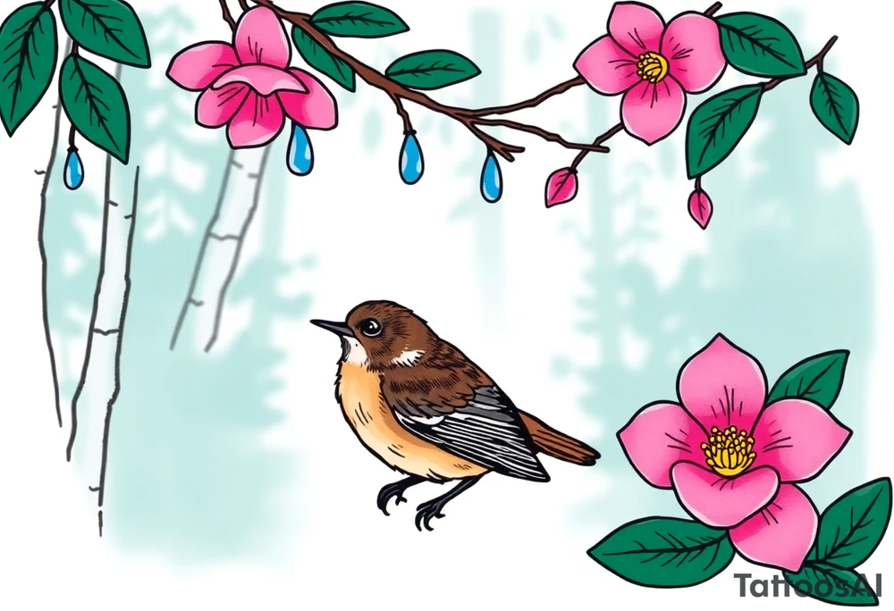 green forest background
blue rain drops
pink camelia flower
blue brown wren bird tattoo idea