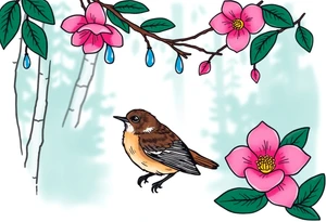 green forest background
blue rain drops
pink camelia flower
blue brown wren bird tattoo idea