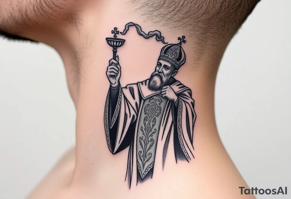 Russian Orthodox Priest in a fully detailed gold vestment swinging a censer with smoke curling upward tattoo idea