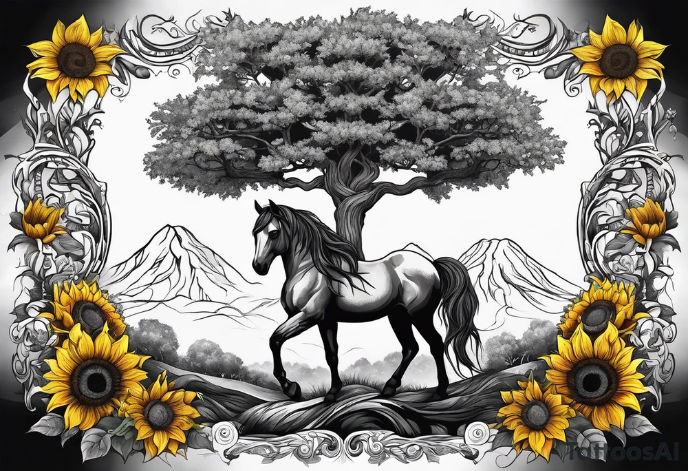 Yggdrasil tree, horse in front of it, and sunflowers tattoo idea