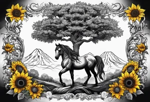 Yggdrasil tree, horse in front of it, and sunflowers tattoo idea