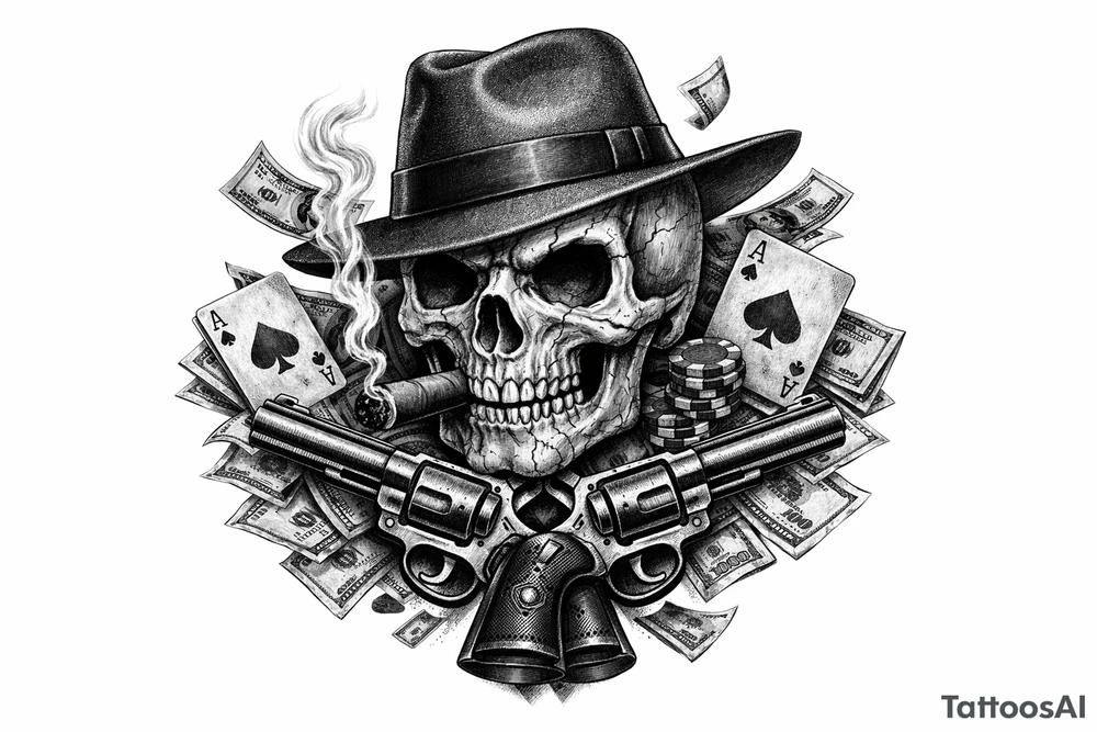 A black and grey skull with a fedora, cigar, and crossed revolvers, with scattered money and cards. tattoo idea