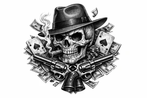 A black and grey skull with a fedora, cigar, and crossed revolvers, with scattered money and cards. tattoo idea