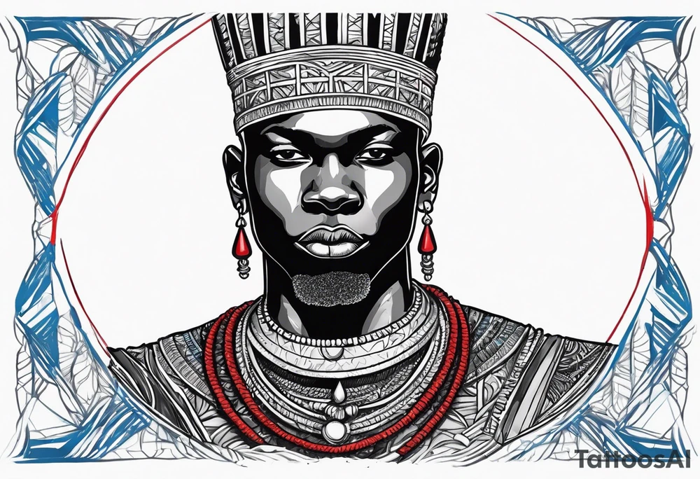 Black-skinned bald african warrior. He wears a simple and small silver crown. He uses blue and red necklaces tattoo idea