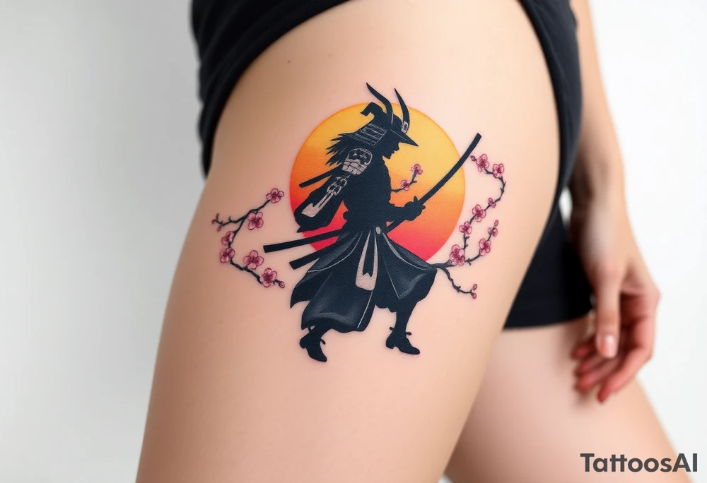 noble samurai warrior silhouette at sunset with cherry blossoms tattoo idea