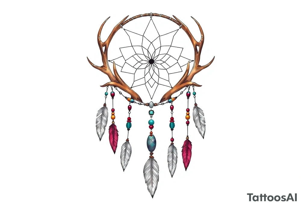 Dreamcatcher made from deer antlers with feathers and beads hanging off it tattoo idea