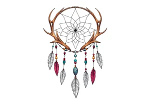 Dreamcatcher made from deer antlers with feathers and beads hanging off it tattoo idea