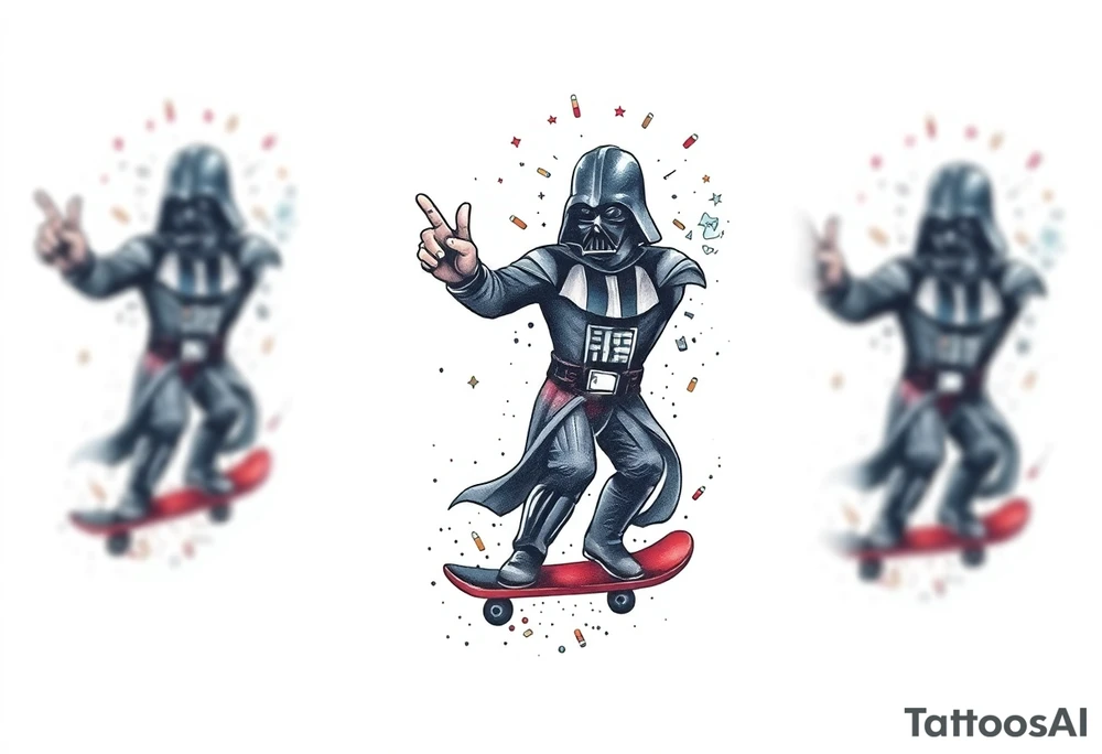 MEMORY TATTOO
Darth Vader skateboarding with hand signal hang loose in heaven, outdoors, bullets, star wars>blue and red 
"Darth Carter"
12/29/88-01/06/24 tattoo idea