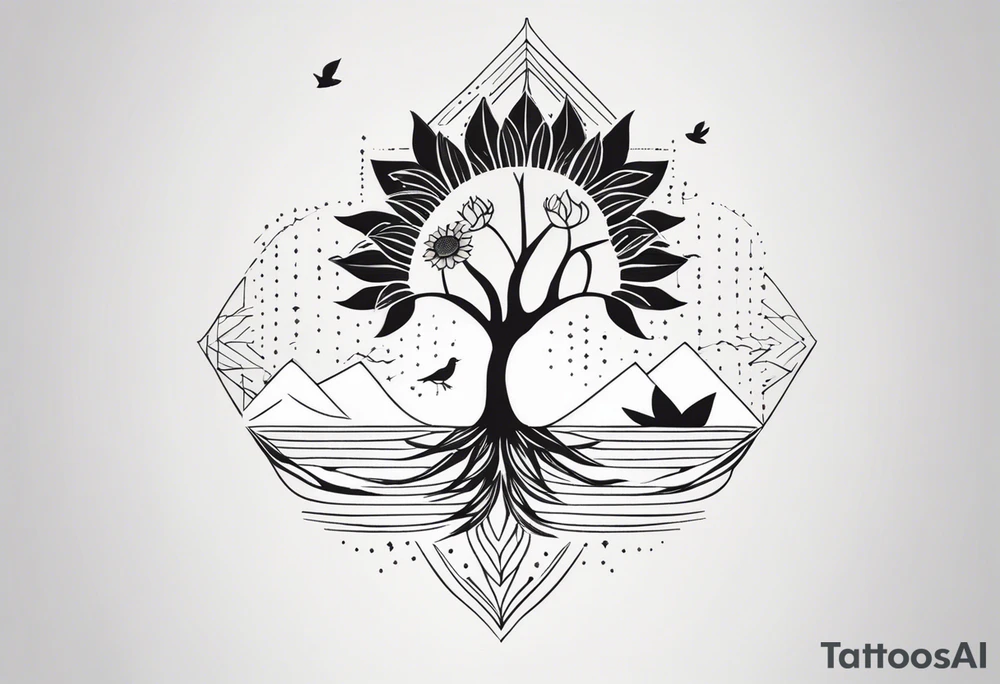 A minimalist tattoo design featuring a vertical composition. At the center is a large, abstract sunflower with intricate dotted shading and clean lines. A delicate tree with bare branches grows from the top of the sunflower, while flowing leaves emerge from the bottom. Surrounding the sunflower are abstract elements like small geometric shapes, mountains in the background, a few birds, and a crescent moon, all positioned in a visually balanced way. There’s a circular solar element near the sunflower, with rays extending outward. The entire design is made up of fine lines, dot work, and subtle shading, creating a harmonious mix of nature and geometric abstraction. It’s a detailed sketch with organic flow, precision, and a blend of cosmic and natural motifs tattoo idea