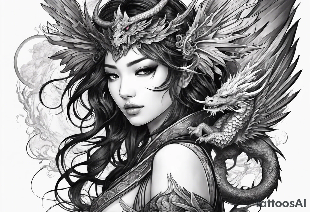 beautiful warrior nymph with large wings coming out of her back and a dragon friend tattoo idea