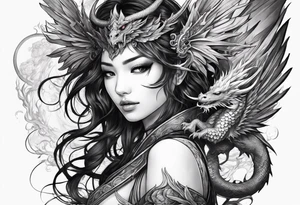 beautiful warrior nymph with large wings coming out of her back and a dragon friend tattoo idea