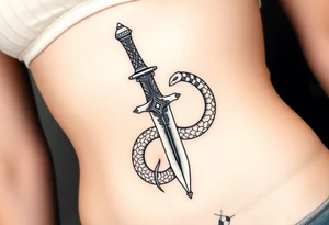 mystical snake coiled around an ancient dagger with jeweled hilt tattoo idea