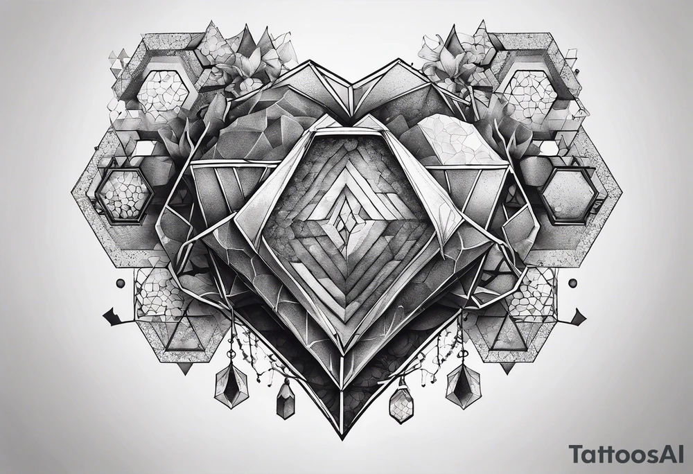hexagon chest heart  surrounded by hexagons tattoo idea