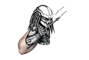 Predator with staff pointing towards sky with lighting bolt tattoo idea