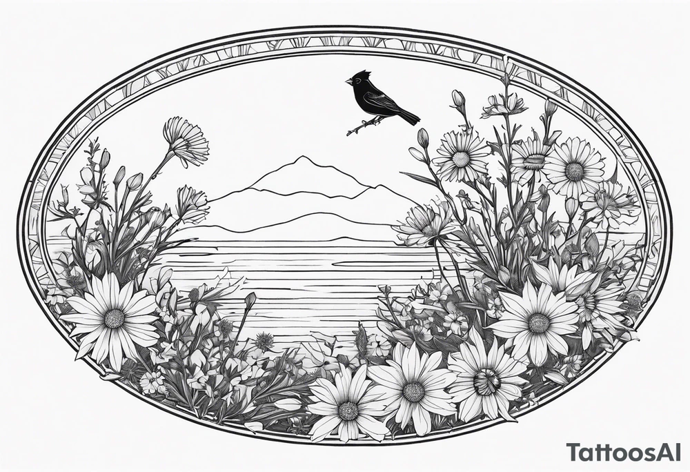 Oval shape with sea rocket and aster flowers with a small cardinal room in the center for a signature less ornate make the cardinal smaller and leave the center empty tattoo idea