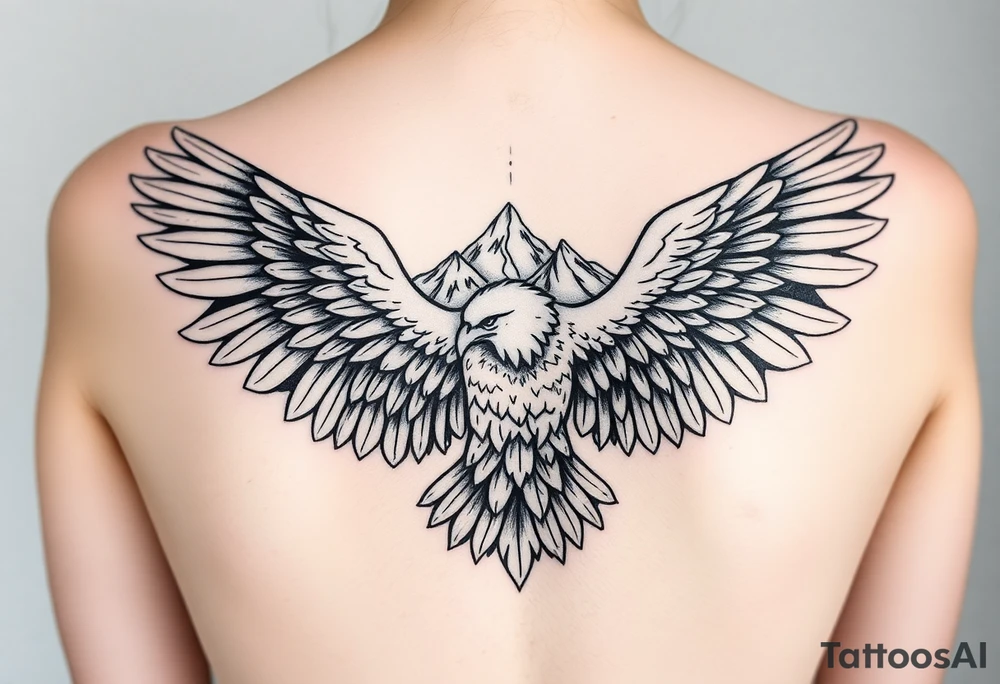 majestic eagle spreading wings against mountain peaks tattoo idea