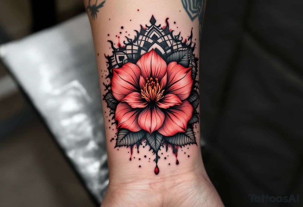 red  and black rhododendron trippy with mandala behind tattoo idea