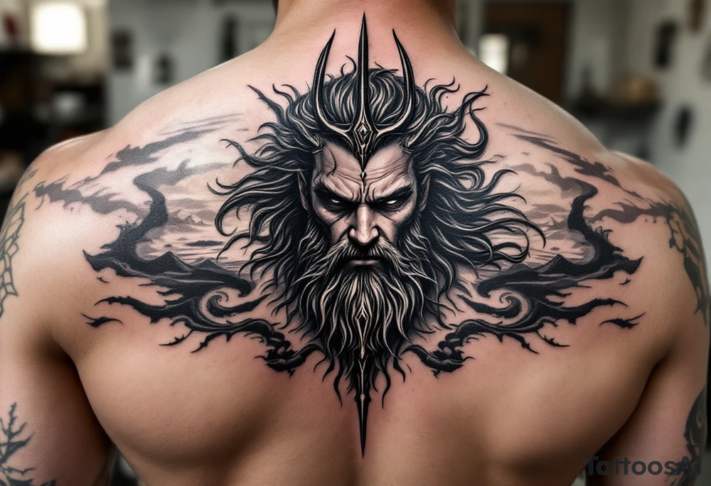 fit poseidon, behind a trident, with sunset tattoo idea