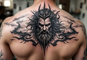 fit poseidon, behind a trident, with sunset tattoo idea
