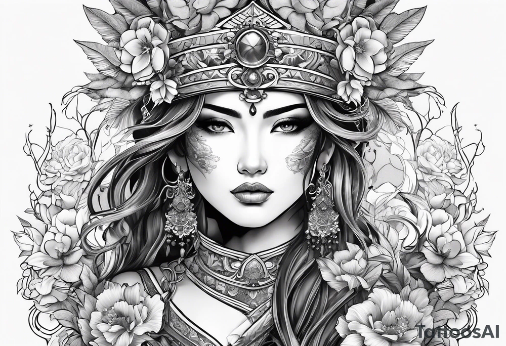 ornate beautiful woman warrior with weapon & floral surrounding tattoo tattoo idea