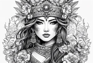 ornate beautiful woman warrior with weapon & floral surrounding tattoo tattoo idea