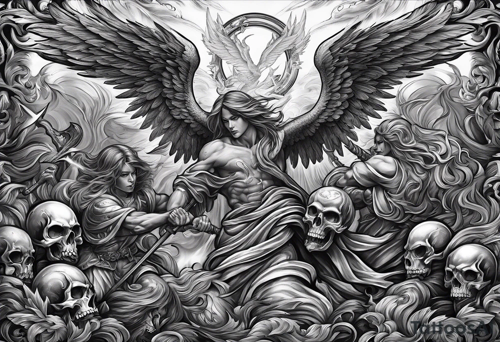 Angels fighting demons over fire with skuls in the background tattoo idea