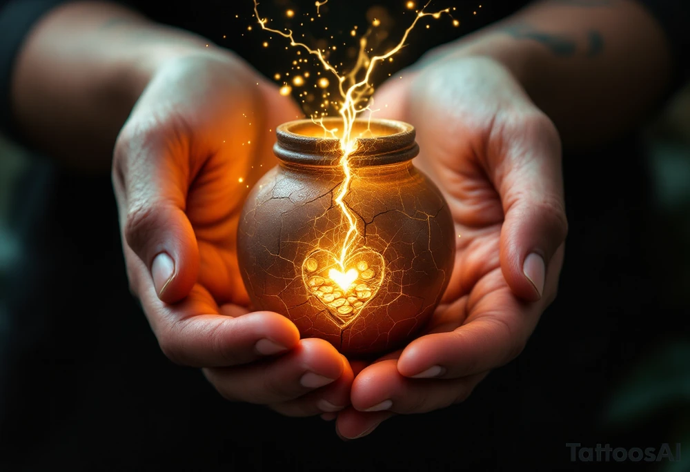A tattoo that captures both the fragility of the jar and the treasure inside can be incredibly symbolic. Here’s a refined concept that integrates both elements:

### Cracked Jar with Glowing Treasure Inside:
- The Jar: The main design can be a clay jar, slightly cracked, representing human fragility.
- The Cracks: From the cracks in the jar, light pours out—symbolizing the divine treasure (God’s power) within. You can emphasize the cracks with golden lines (like kintsugi) to show that even in brokenness, there is beauty.
- The Treasure: Inside the jar, you could depict glowing treasures, such as gold coins, a radiant heart, or even spiritual symbols like a cross, a dove, or a light-filled crown. The treasure doesn’t have to be too literal—just enough to show that what’s inside is precious and divine.

### Additional Elements:
- Hands Holding the Jar: To further emphasize fragility and care, you could add divine or human hands gently holding the jar, symbolizing protection despite its weakness.
- Scriptural Reference: Around or beneath the jar, you could include "2 Corinthians 4:7" in a graceful script to anchor the design in its biblical meaning.
  
This concept unites the theme of human fragility and God's power, using the cracked jar as the vessel that reveals the treasure within. tattoo idea