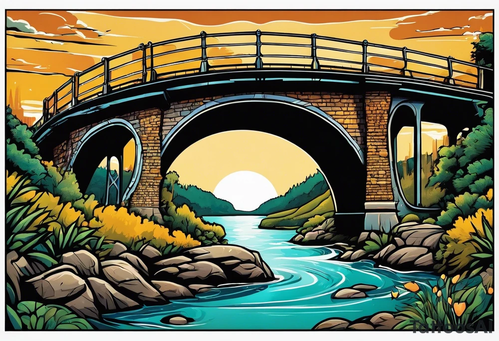 70's poster art, view from under cantilever bridge tattoo idea