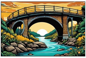 70's poster art, view from under cantilever bridge tattoo idea