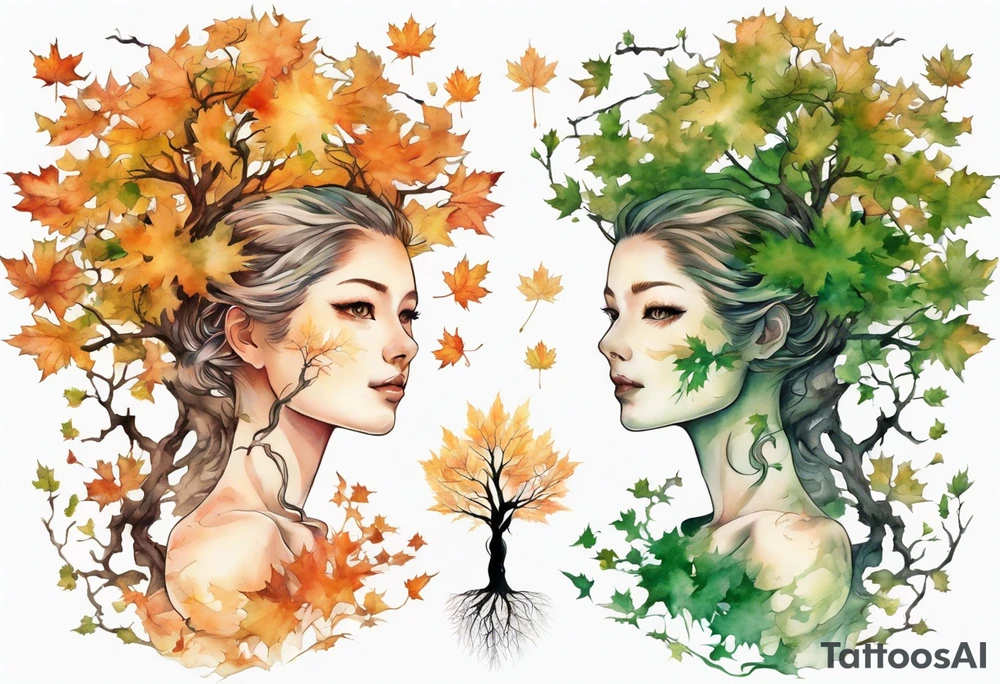 A maple tree shaped like a beautiful woman with green eyes with branches reaching up towards the sun tattoo idea