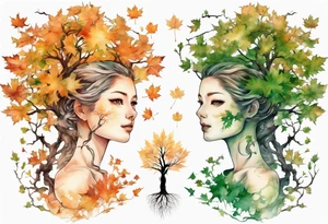 A maple tree shaped like a beautiful woman with green eyes with branches reaching up towards the sun tattoo idea