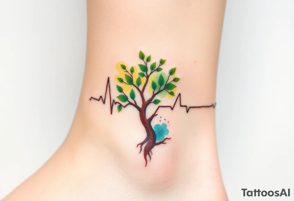 A heartbeat line flowing into a tree silhouette, with green leaves and brown bark, symbolizing the growth and strength of love tattoo idea