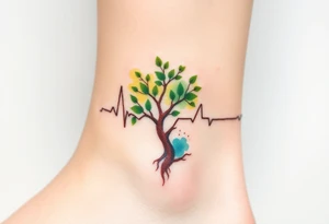 A heartbeat line flowing into a tree silhouette, with green leaves and brown bark, symbolizing the growth and strength of love tattoo idea