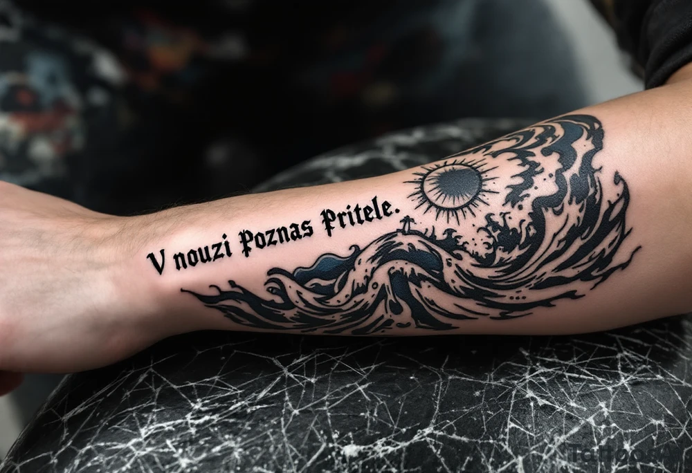 „V nouzi Poznas Pritele.“ — Stormy seas, one tattooed with the quote in navy ink across the wrist. tattoo idea