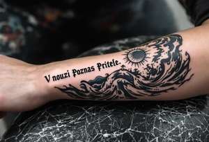 „V nouzi Poznas Pritele.“ — Stormy seas, one tattooed with the quote in navy ink across the wrist. tattoo idea