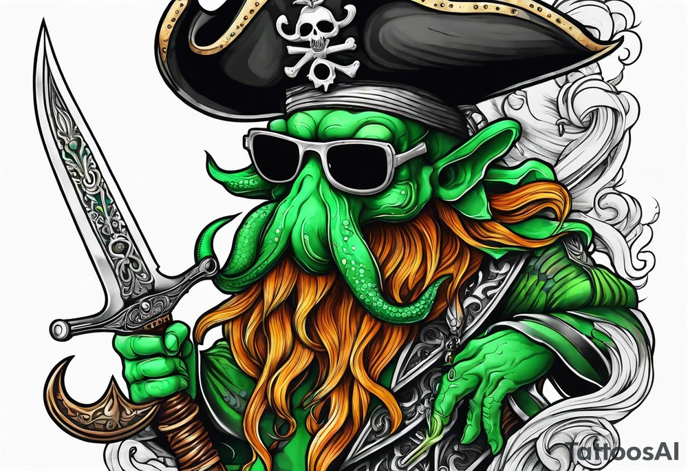 green pirate squid with eyepatch holding sword and anchor tattoo idea