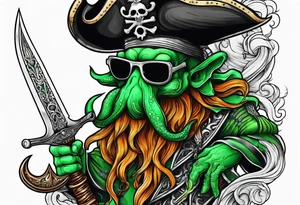 green pirate squid with eyepatch holding sword and anchor tattoo idea