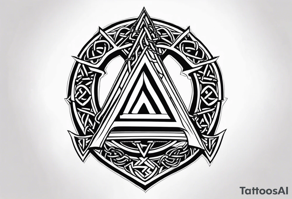 Valhalla sword shield axe barbed wire chains valknut tattoo idea