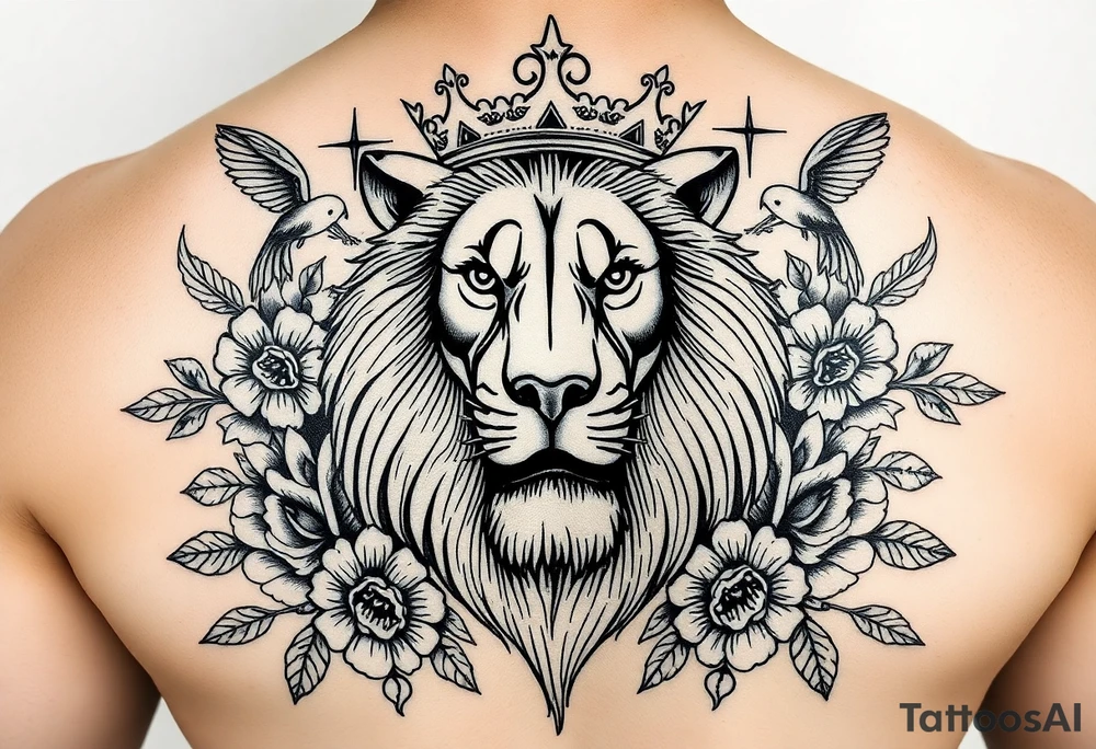 powerful majestic lion with a crown, surrounded by floral ornaments and birds tattoo idea