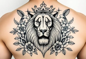 powerful majestic lion with a crown, surrounded by floral ornaments and birds tattoo idea