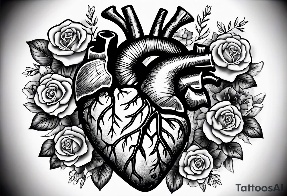 Cracking Anatomical heart with roses, violets, and daises coming out of the top of the heart with roots coming through the cracks to hold the heart together tattoo idea