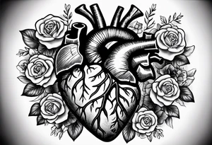 Cracking Anatomical heart with roses, violets, and daises coming out of the top of the heart with roots coming through the cracks to hold the heart together tattoo idea