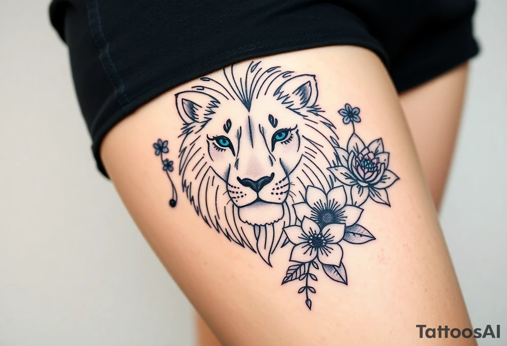 Lion with blue eyes surrounded by larkspur and water lily tattoo idea